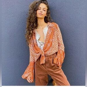 Free People Serena Printed Floral Spring Blouse  In Rust Combo